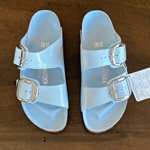 Birkenstock Arizon Big Buckle Womens 37 Narrow Baby Blue High Shine Sandal NEW